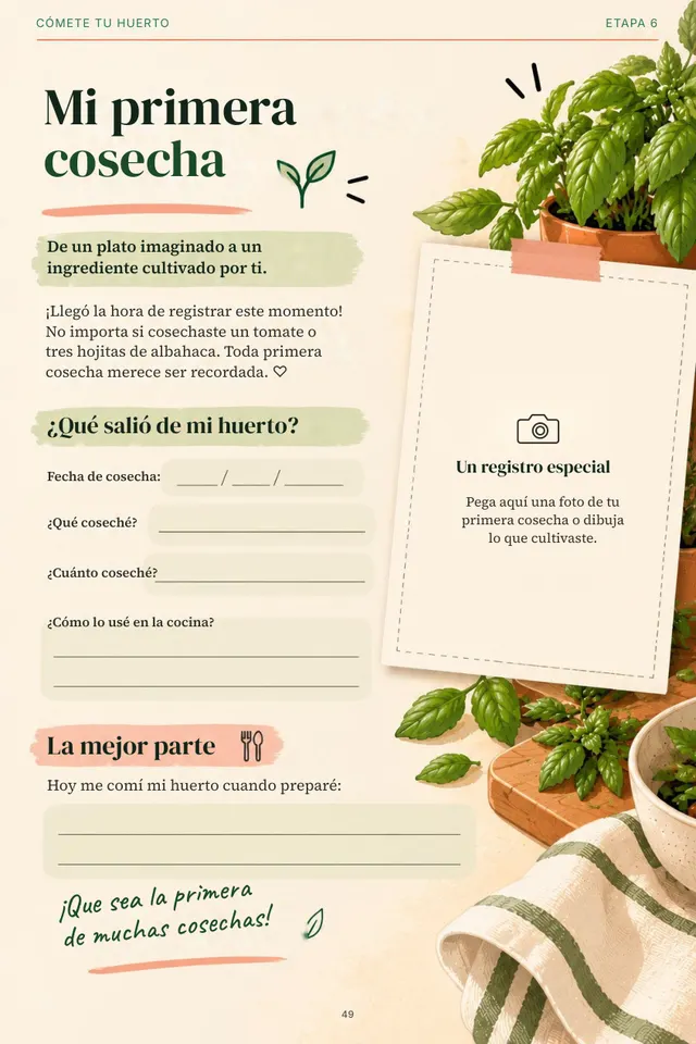 Página del cuaderno para registrar tu primera cosecha