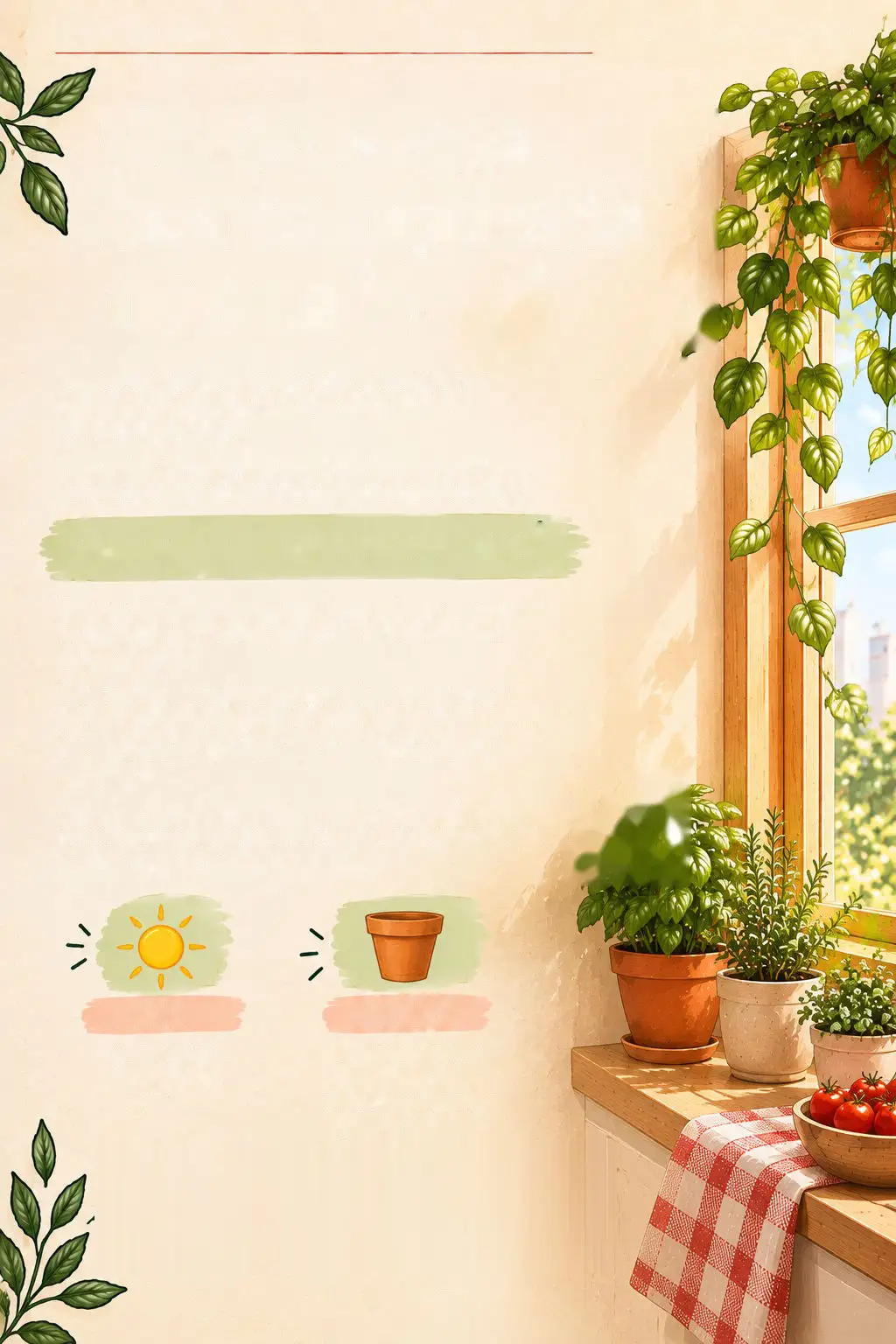 Ilustración de macetas con hierbas en el borde de una ventana de cocina